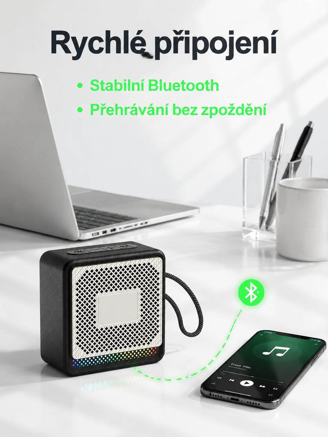 Bezdrátový reproduktor při venkovním posezení