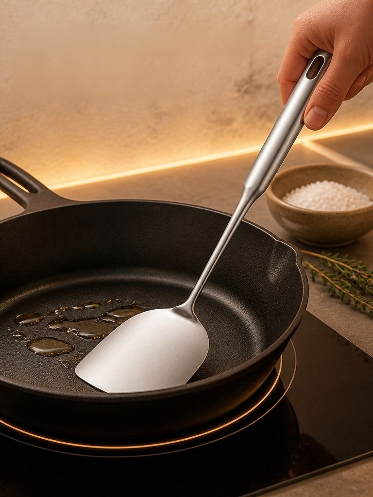 Full view of a stainless steel spatula for home kitchens