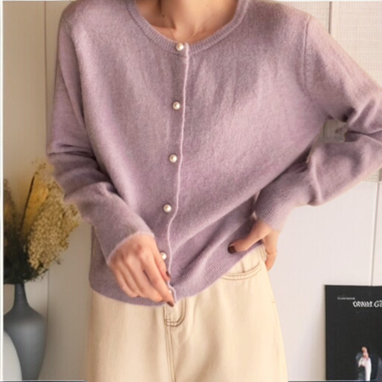 여성 니트 가디건 긴팔 솔리드 상의 진주 버클 여성 봄가을 라운드 니트 가디건 부드러운 니트 코트