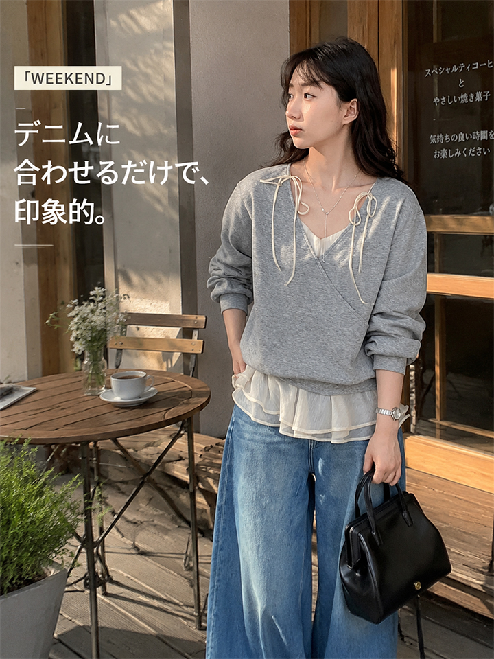 【2026秋新作】Monolly バレエ風レイヤードトップス | 1秒で決まる大人の抜け感