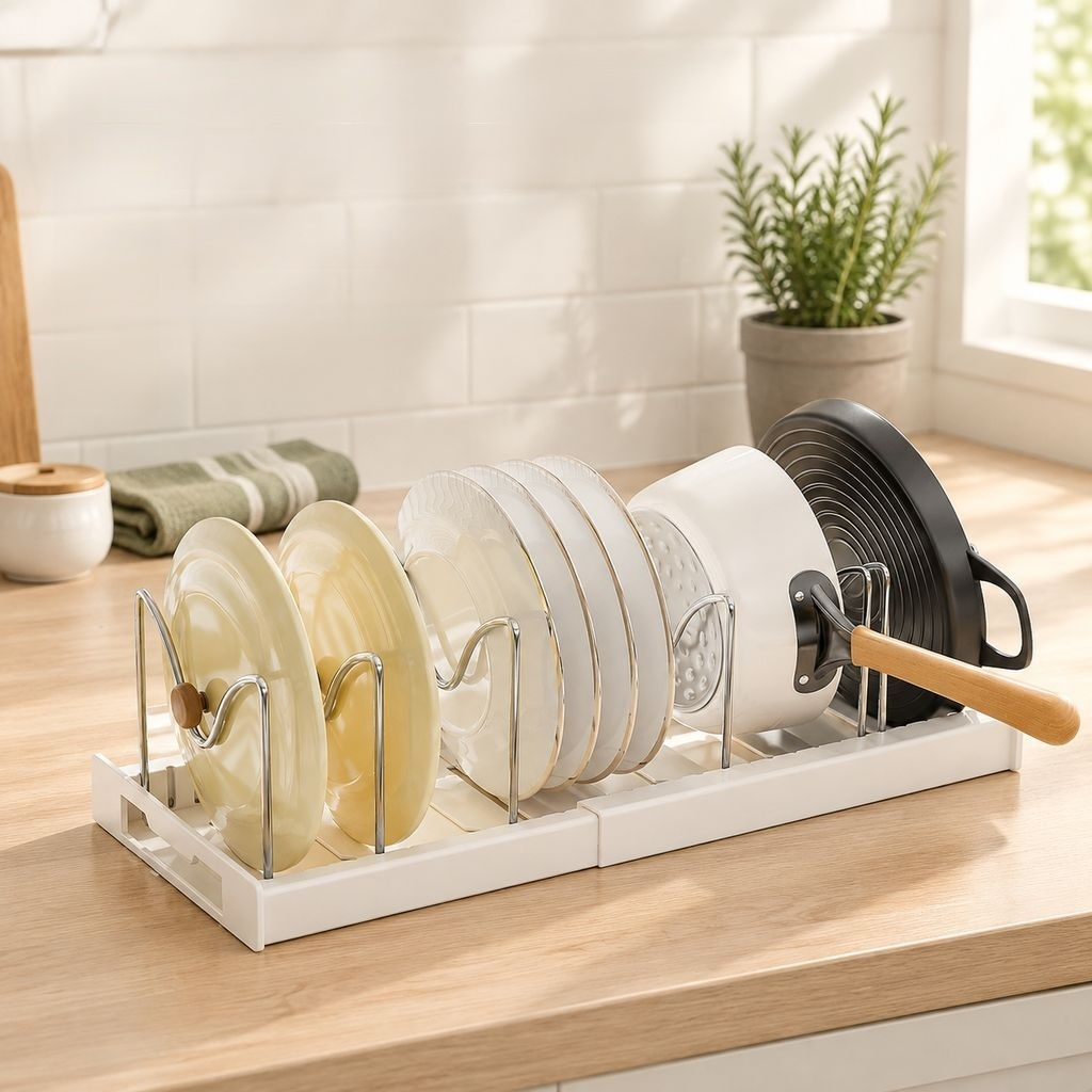 Adjustable Expandable Stainless Steel Pot Lid Rack & Pan Dish Organizer