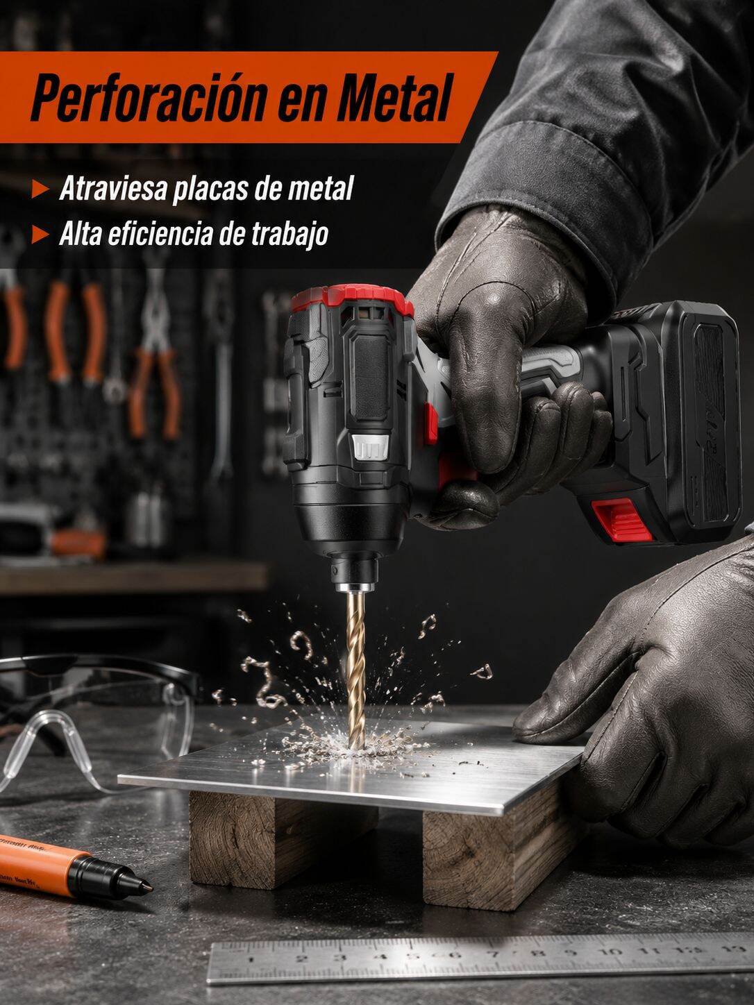 Detalle del taladro percutor 21V batería recargable