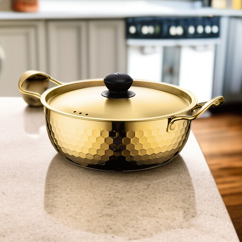 Cazuela y sartén dorada duradera de doble asa, especial para cocina de inducción y fideos