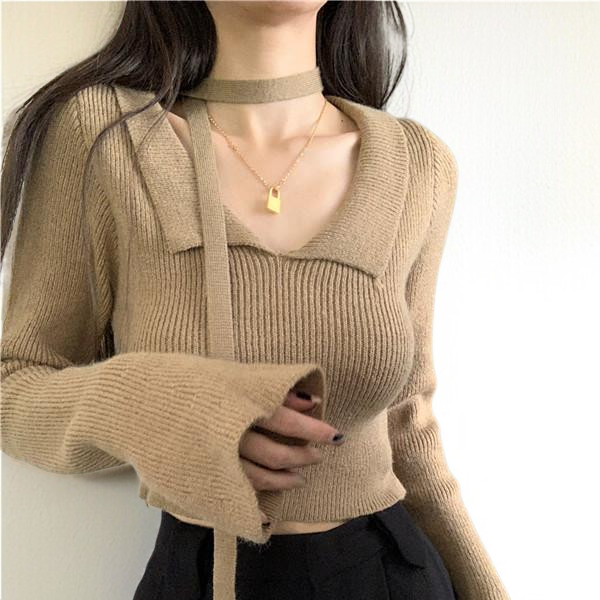 니트 여 퓨어 숏 슬림핏 긴팔 상의 니트 여자 쇼트 슬림 긴팔 톱