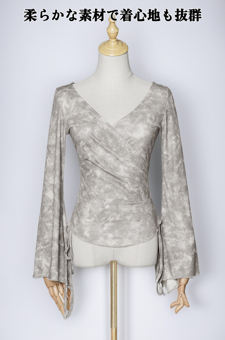 レトロなリボンデザインのタイダイ柄長袖トップス正面画像