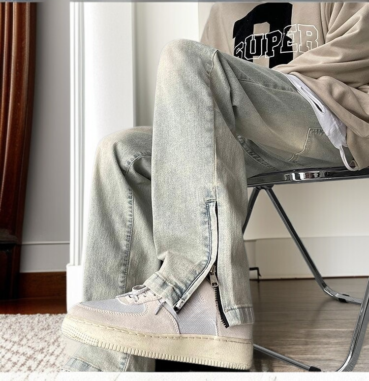 청바지 남자 일자핏 바지 부츠컷 지퍼 트임 워싱 데님 팬츠