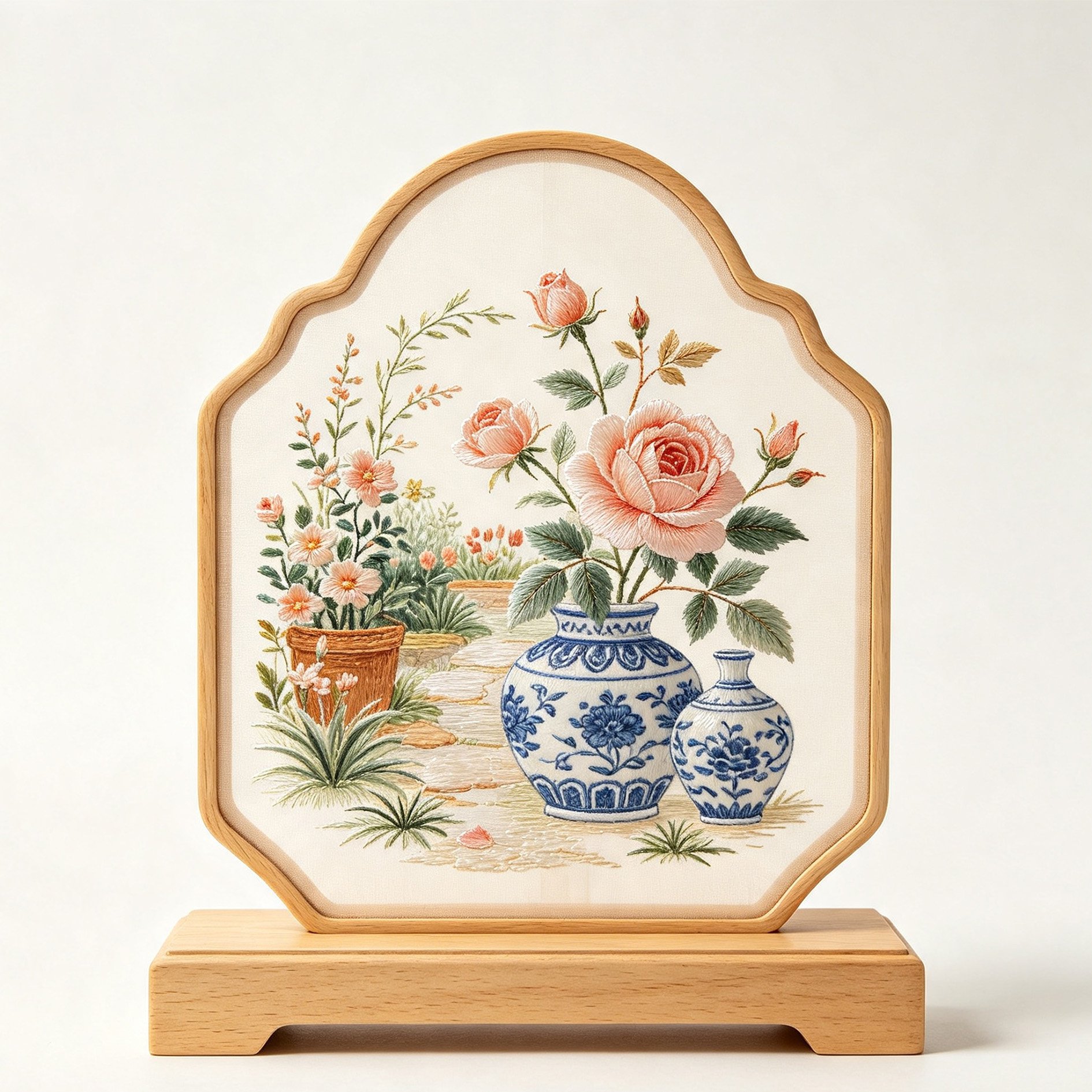 Blue and white embroidered screen