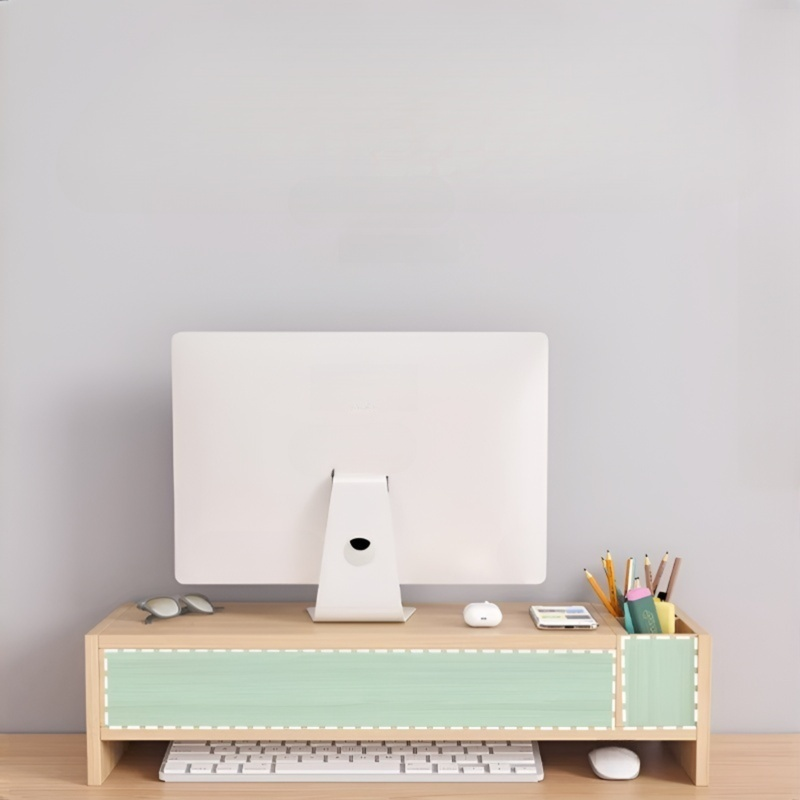 Ergonomic Wooden Monitor Riser with Drawer & Keyboard Storage Space-saving Desk Organizer