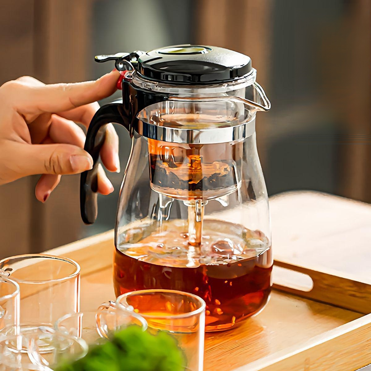 Hitzebeständige und explosionssichere Glasteekanne, Ein-Knopf-Filter, geeignet für Tee und Wasser