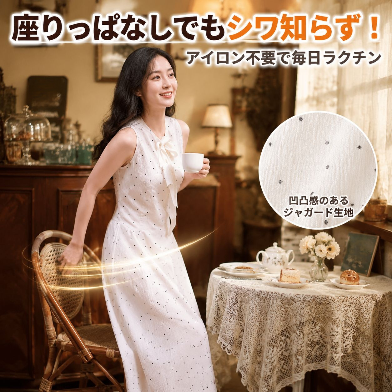 レディースドットノースリーブワンピース ベージュジャカードロングスカート