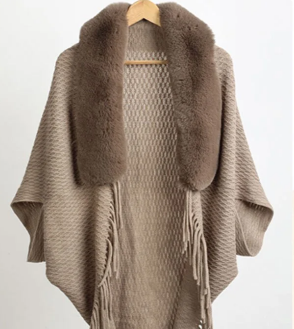 Large fur collar cashmere knitted tassel shawl