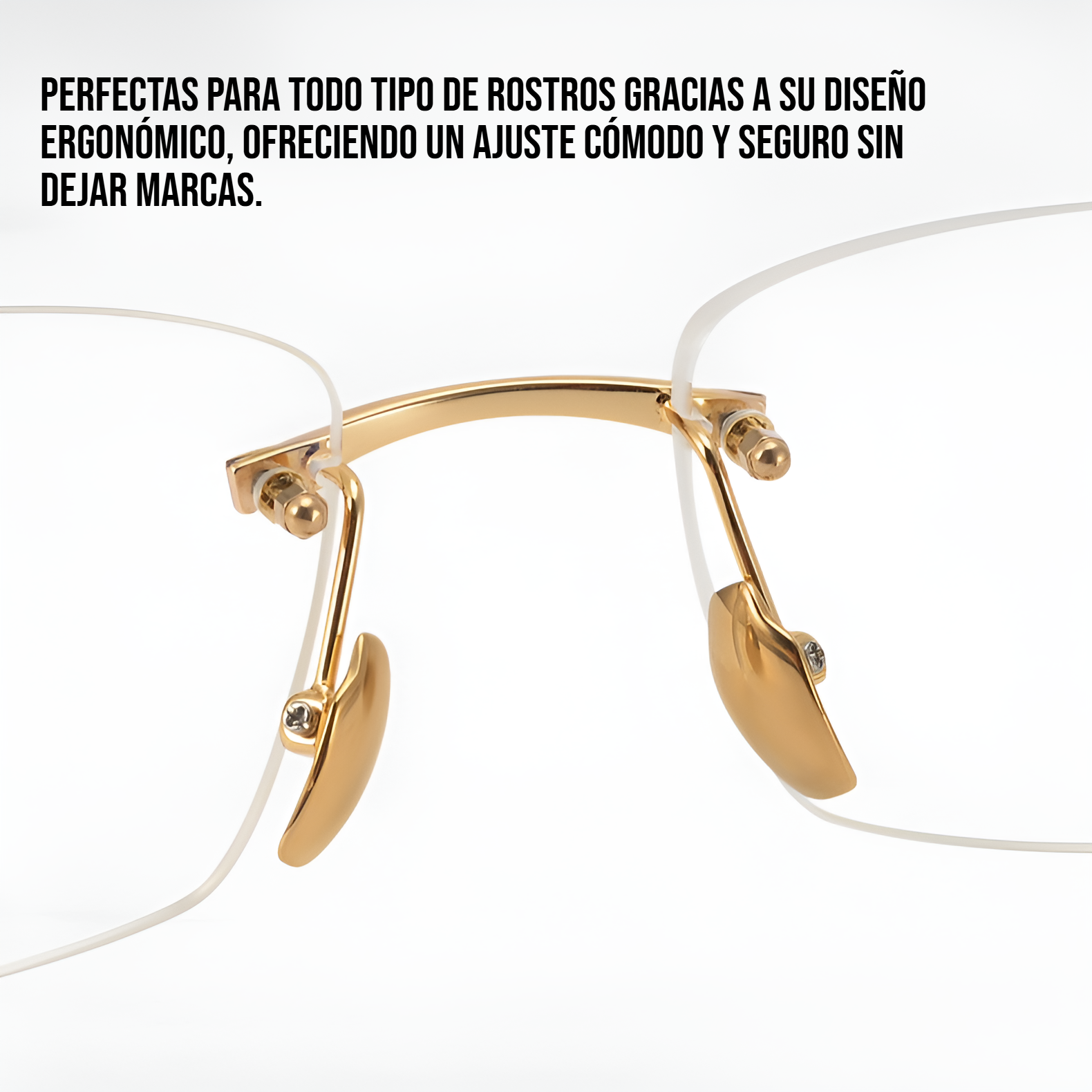 Detalle de las gafas sin marco con diseño de cuerno