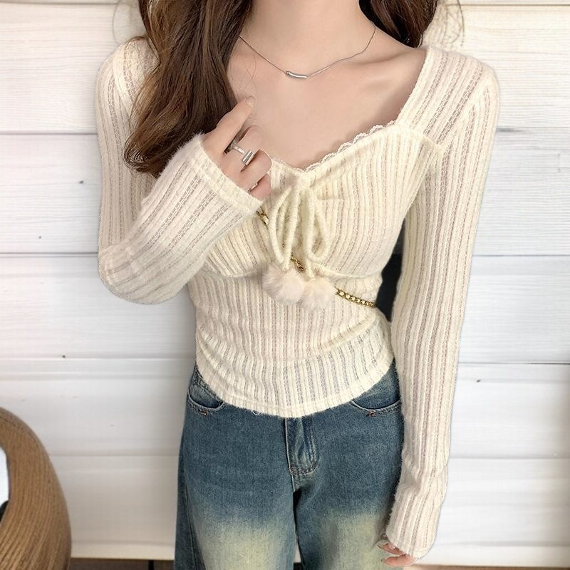 학식  여자 숙녀 니트 긴 소매 쇄골 트랜드 벨트 내탑 기본을 두다 짧은 저고리 색다르다 니트