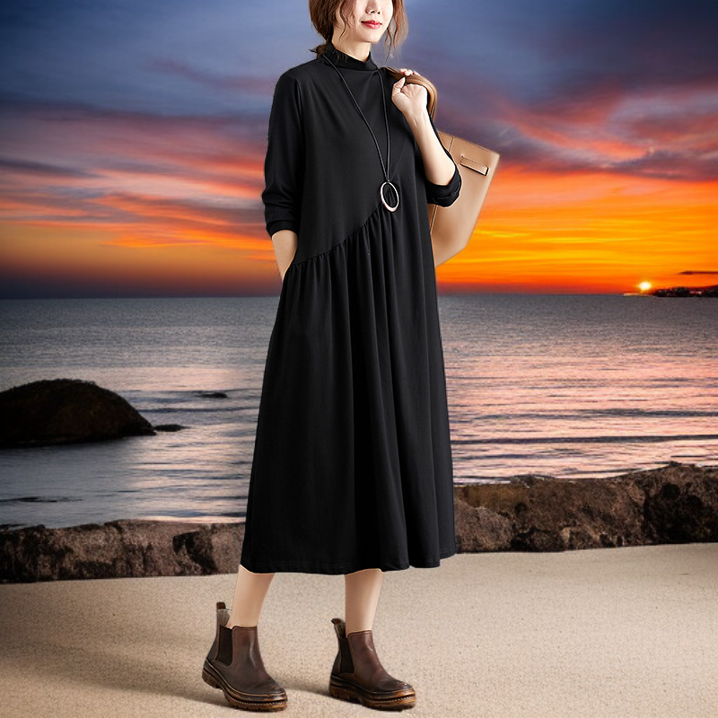文学的なレトロなルーズコットンドレスレディースドレスハーフハイネックボトムドレスハーフハイネックルーズコットンレディースドレスドレス