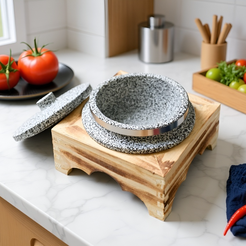 rice cooker with lid and wooden frame