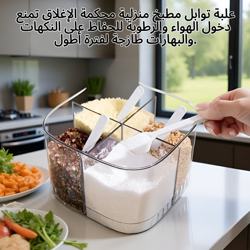 علبة توابل المطبخ المنزلية محكمة الإغلاق مقاومة للرطوبة برباعية الأقسام مدمجة لحفظ الملح وMSG وال