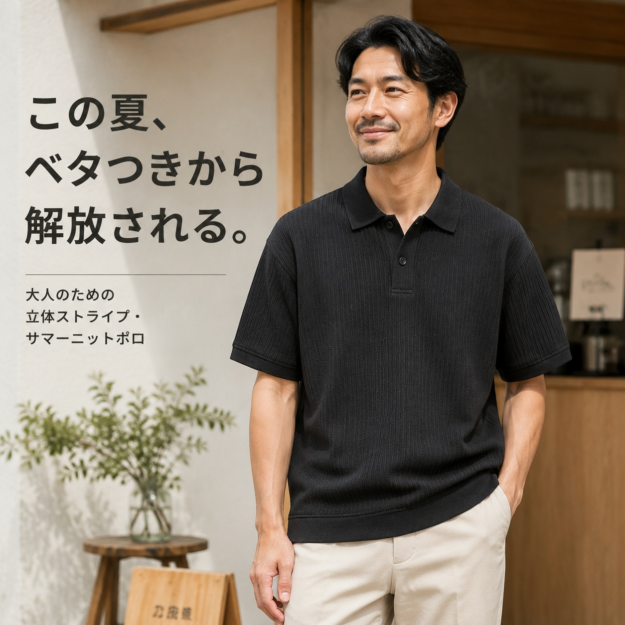 ジャカード縦ストライプ襟付きメンズポロシャツ