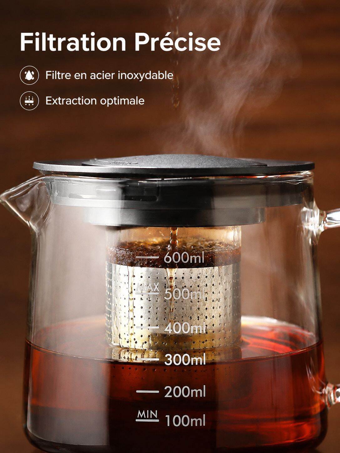 Grande cafetière en verre borosilicaté avec filtre en acier inoxydable