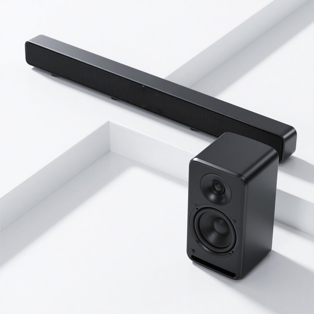 Pohlcující kovový Bluetooth soundbar na stole