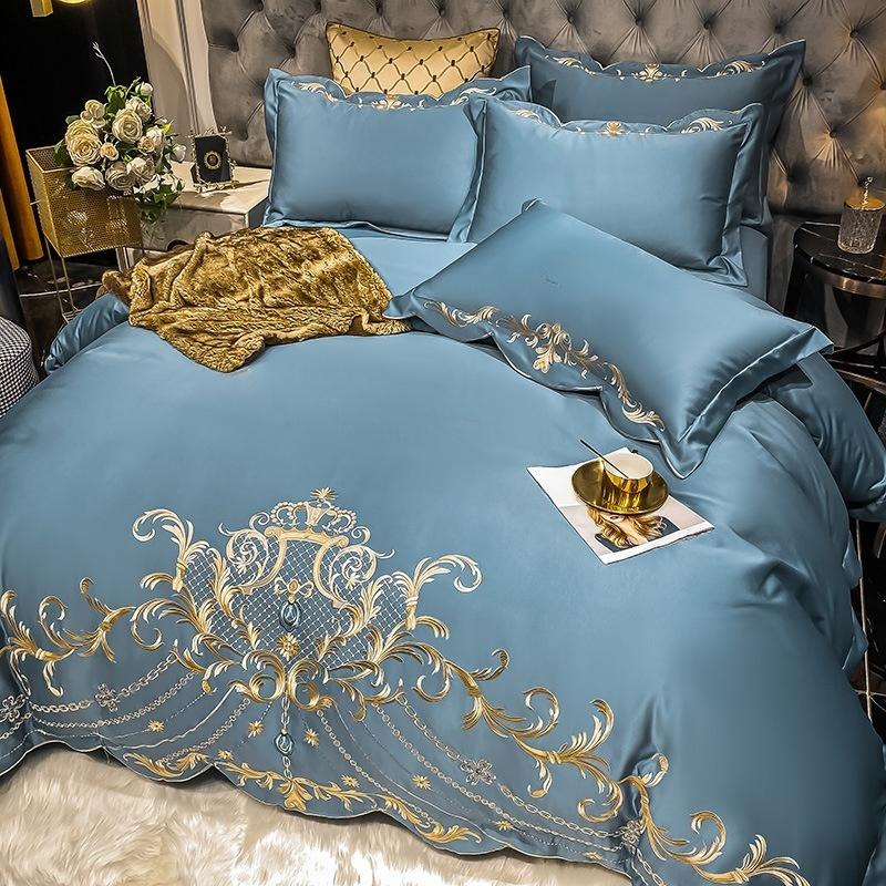 럭셔리 골드 새틴 자수 리넨 침구 세트