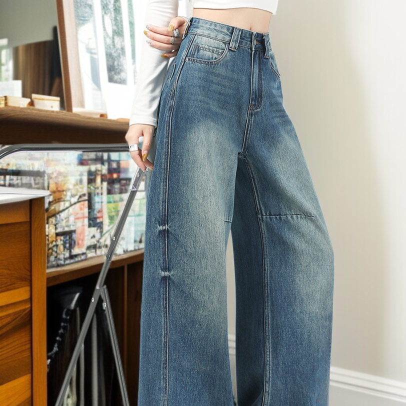 女性用パッド入り厚手カーブド・ジーンズ 冬のマイクロファット洋ナシ型レトロワイドパンツ股ストレートパンツ