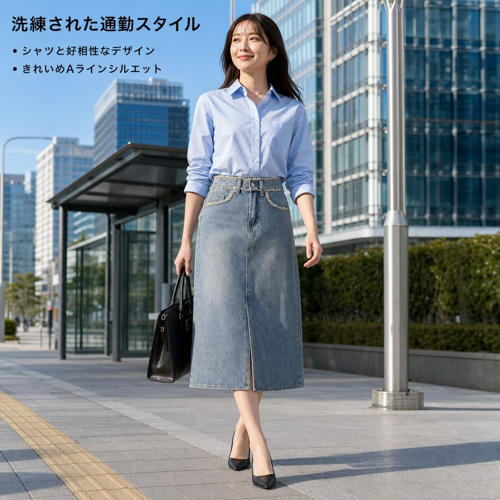 スリムに見せてくれる万能な黒のハイウエストデニムミディスカート