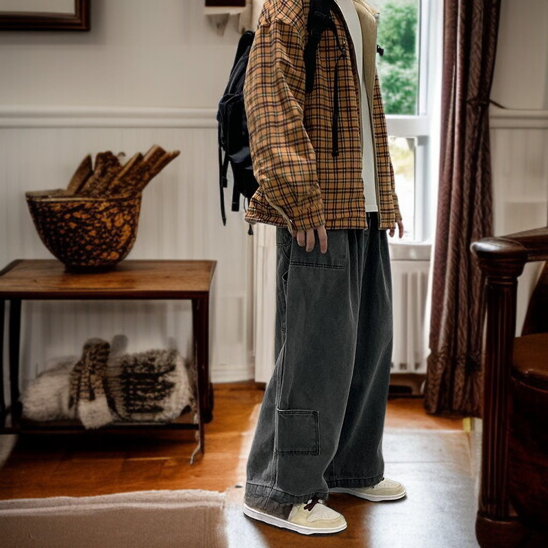 빈티지 카고 와이드 일자 와이드 팬츠 남자 힙합 빅 사이즈 데님 팬츠