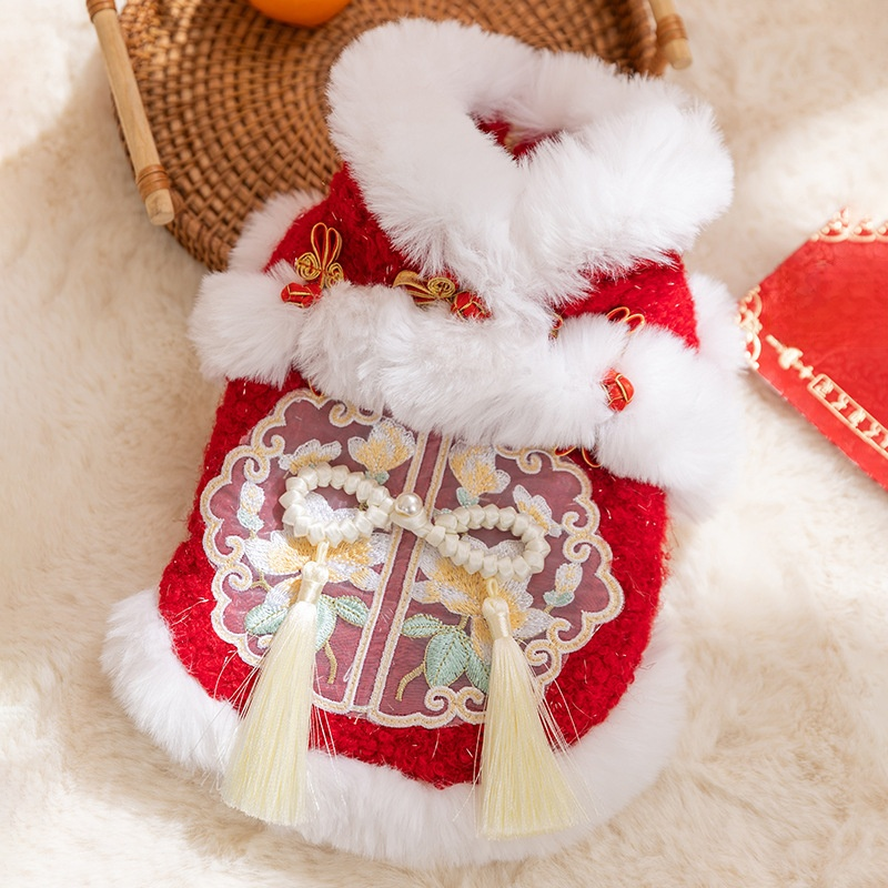 ชุดตรุษจีนสำหรับสุนัขและแมวตัวเล็ก เสื้อกันหนาวผ้าฝ้ายหนา