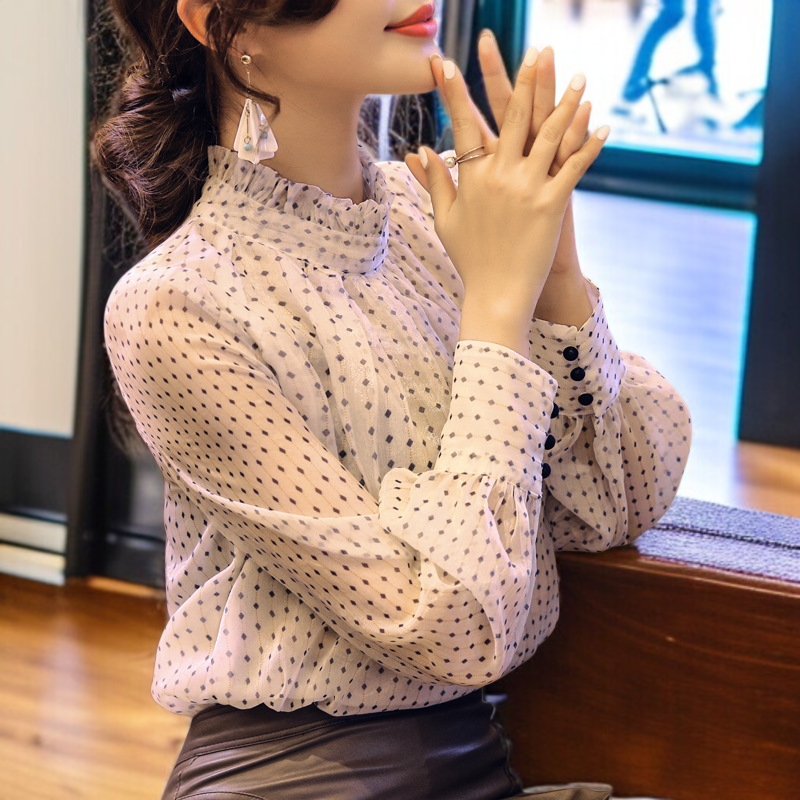 シャツ レディース 水玉シャツ 水玉柄 トップス シフォンシャツ リボンフリル Vネック 長袖 スリム チャーミング 可愛い デート 出張 通勤 OL 普段着 カジュアル フォーマル ロングシーズン