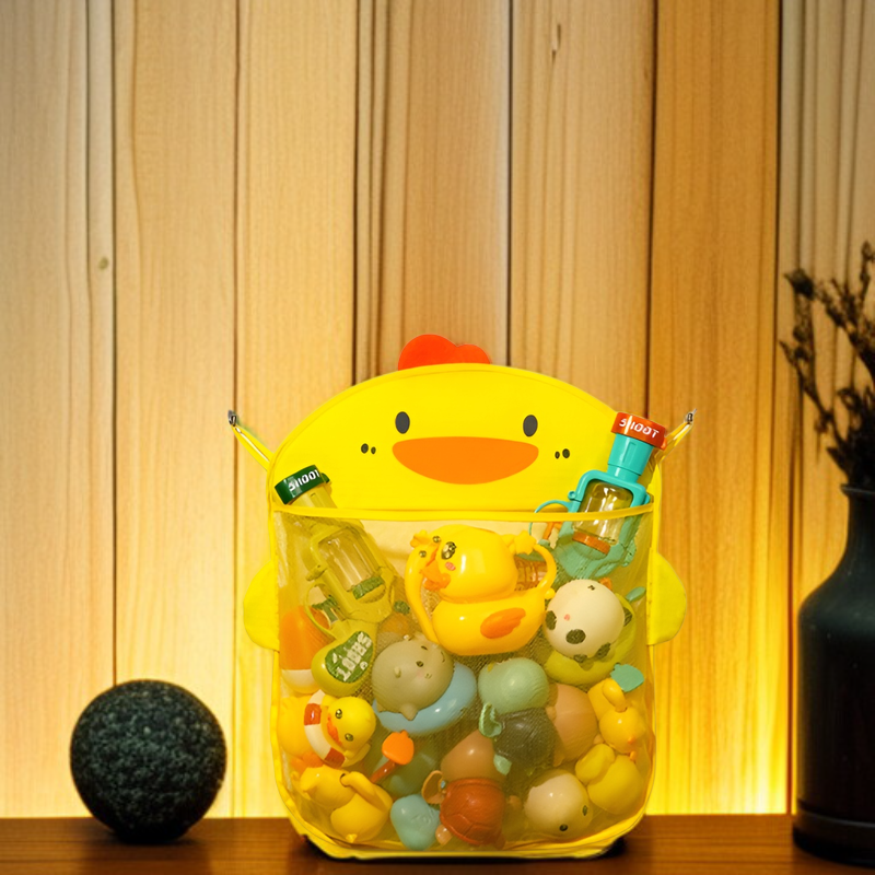 子供用お風呂用おもちゃ収納ネットバッグ おもちゃポケット 防水排水 漫画かわいいアヒル収納バッグ ベビーバスルーム 吸盤付き吊り下げバッグ