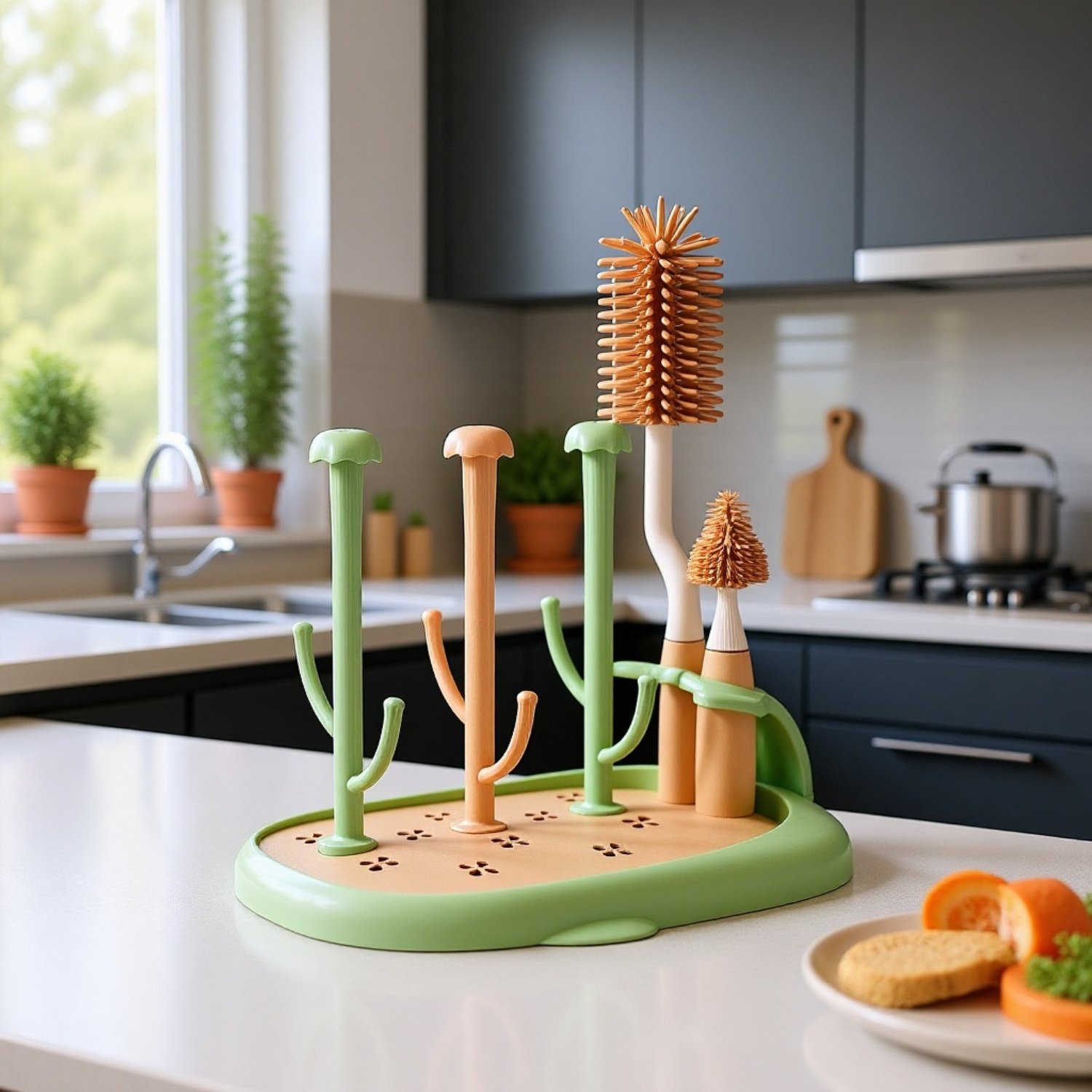 Organized baby feeding accessories on drying rack