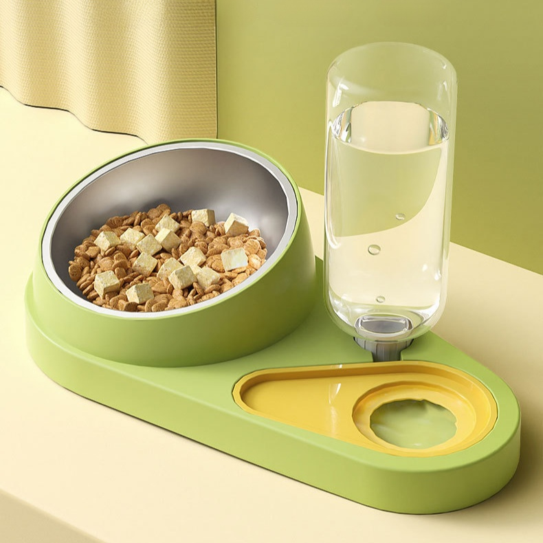寵物自動飲水雙碗貓狗食盆不鏽鋼斜口一體碗