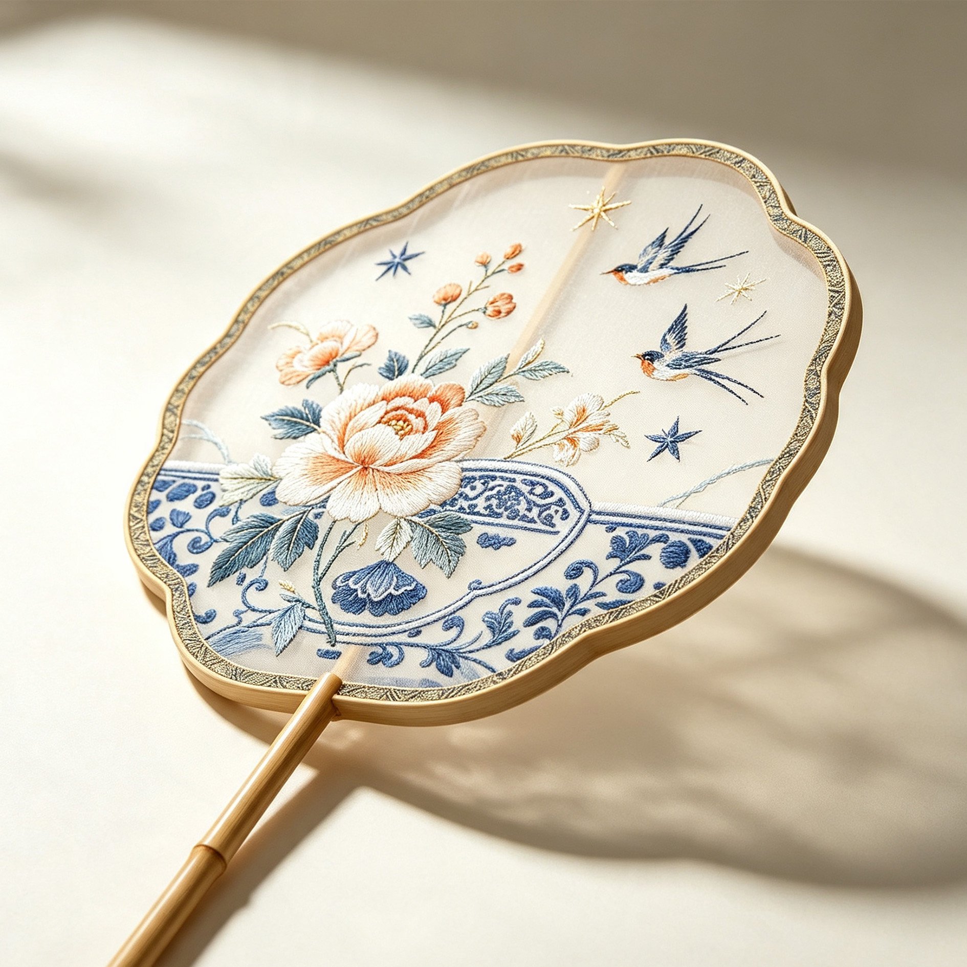 Close-up of swallow and lotus motifs on round fan
