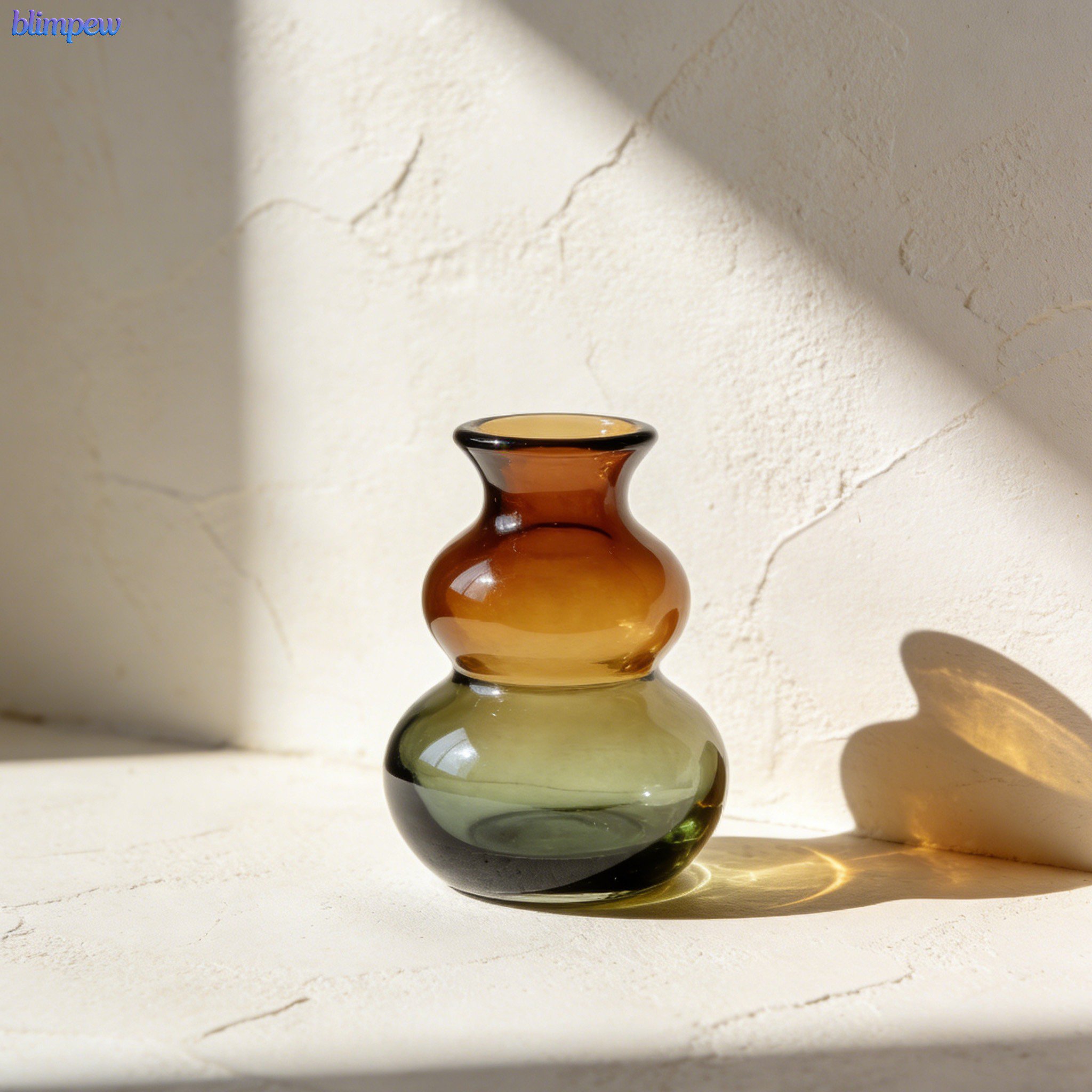 Set of three gourd-shaped glass vases on a wooden table