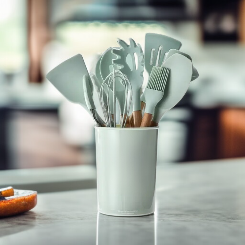 연두색 실리콘 주방용품 세트 논스틱 냄비용 나무손잡이