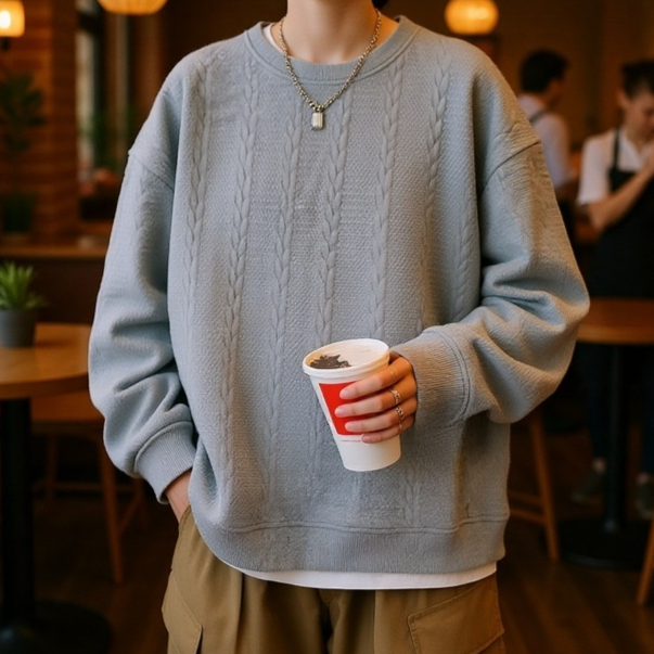 Lockeres Rundhals-Sweatshirt für Jugendliche Herrenmodemarke mit verdrehten Streifen Langarmpullover