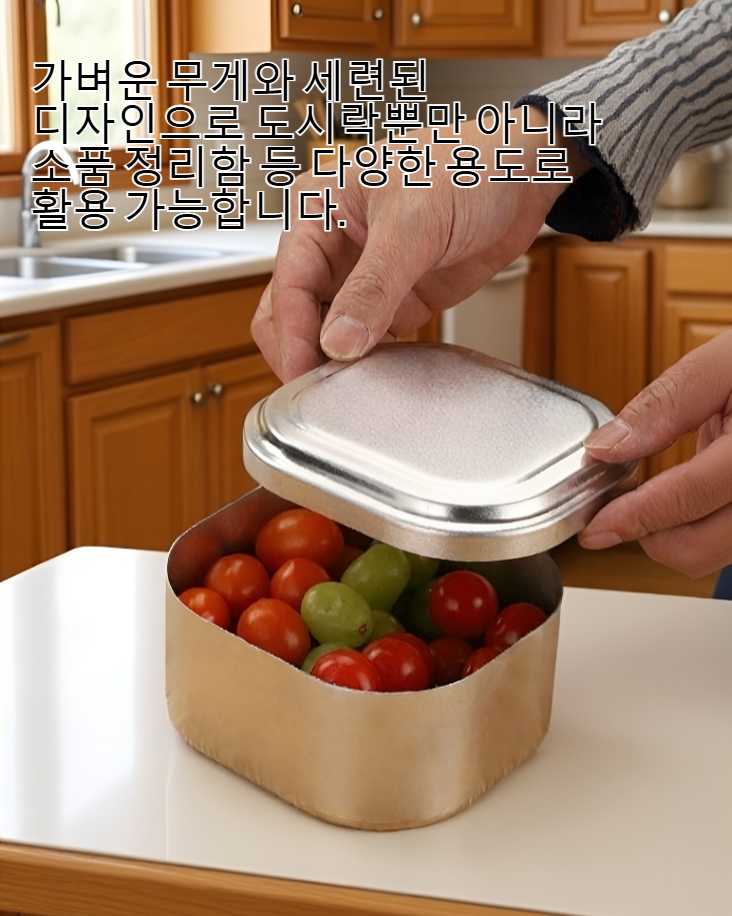 손잡이가 달린 사각형 알루미늄 도시락통 정면 사진