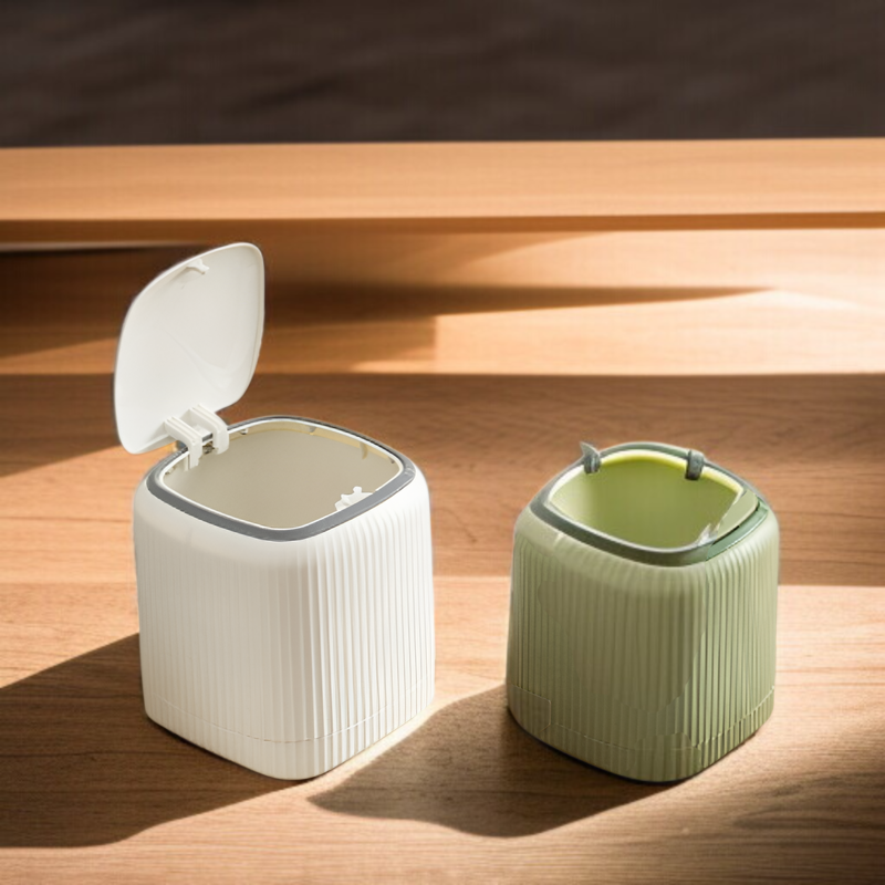 デスクトップゴミ箱プッシュオープン蓋、内側と外側の二重バレル、シンプルな北欧スタイルの蓋付き小型ゴミ箱