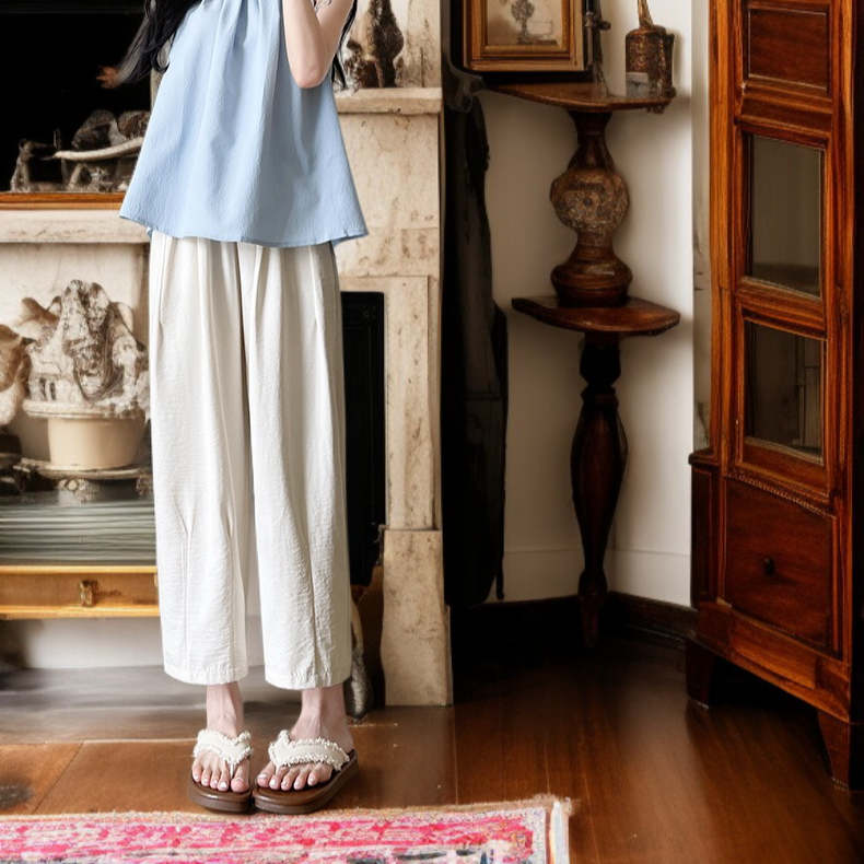 여성 여름 얇은 캐주얼 팬츠 와이드 9부 배기 팬츠 아이스 할머니 팬츠 하이웨스트 와이드 팬츠 캐주얼 팬츠