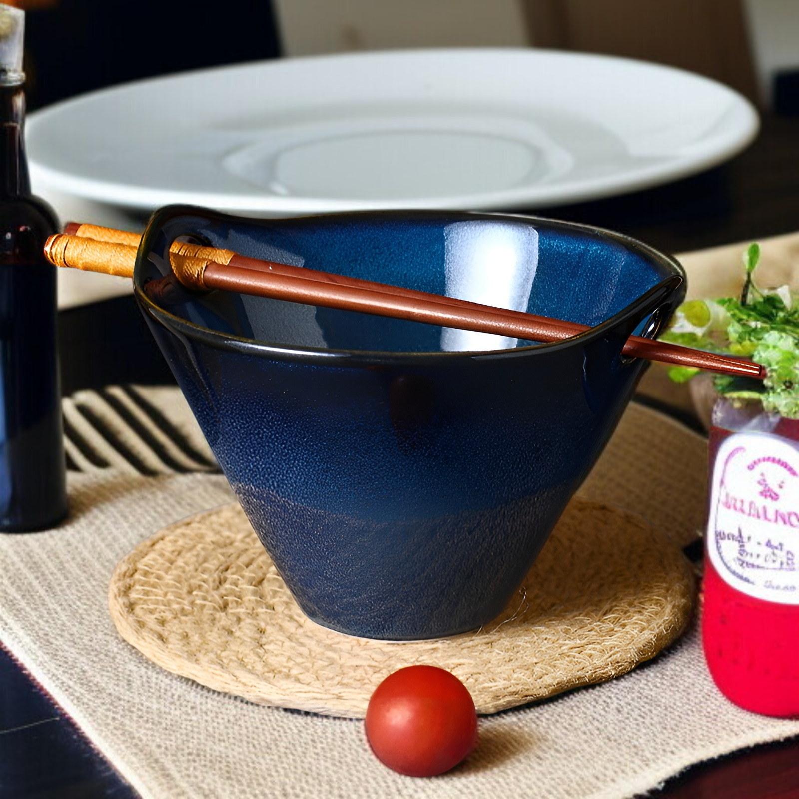 両耳付き窯麺鉢で持ちやすい家庭用食器