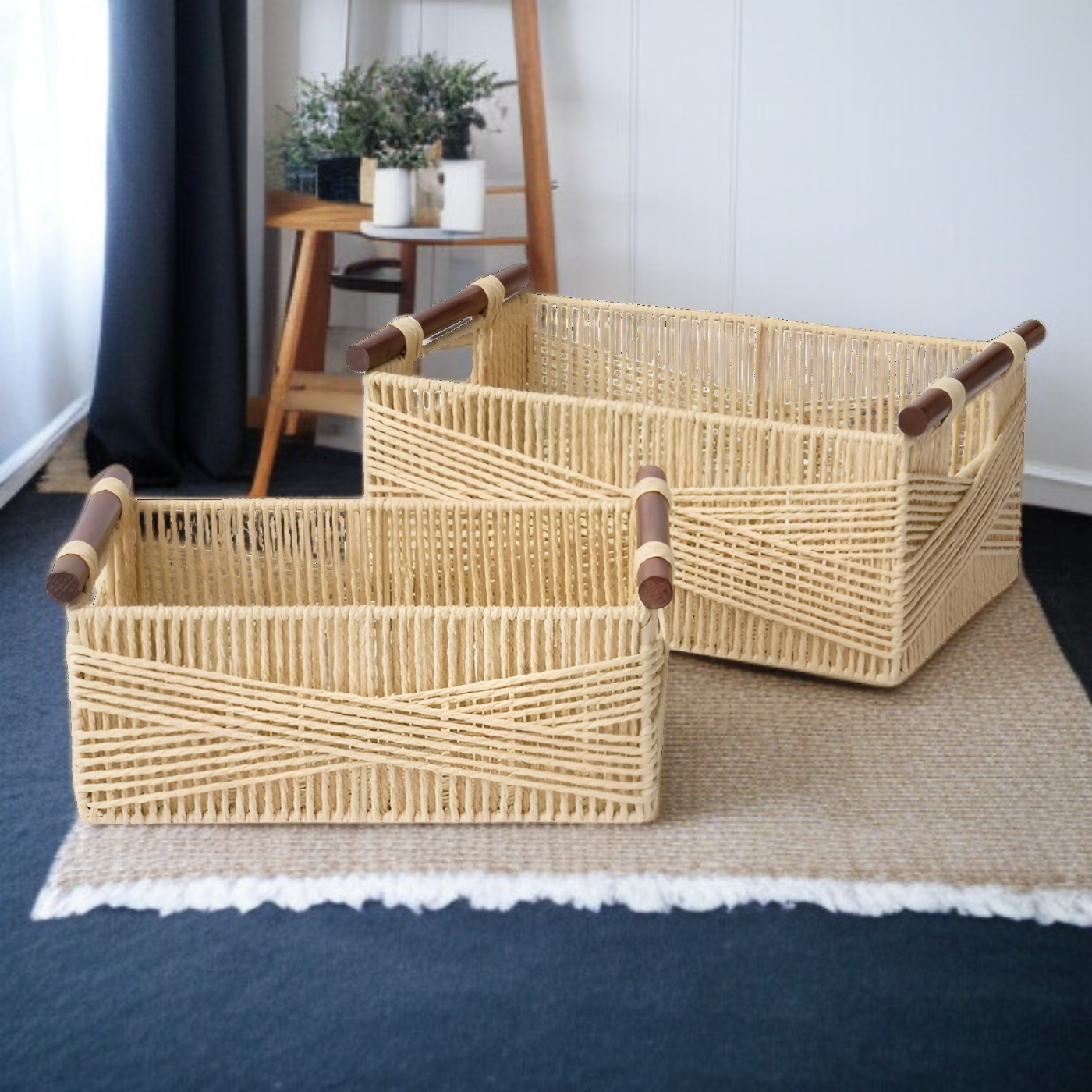 シンプルな家庭用編み込み収納バスケット（木製ハンドル付き）