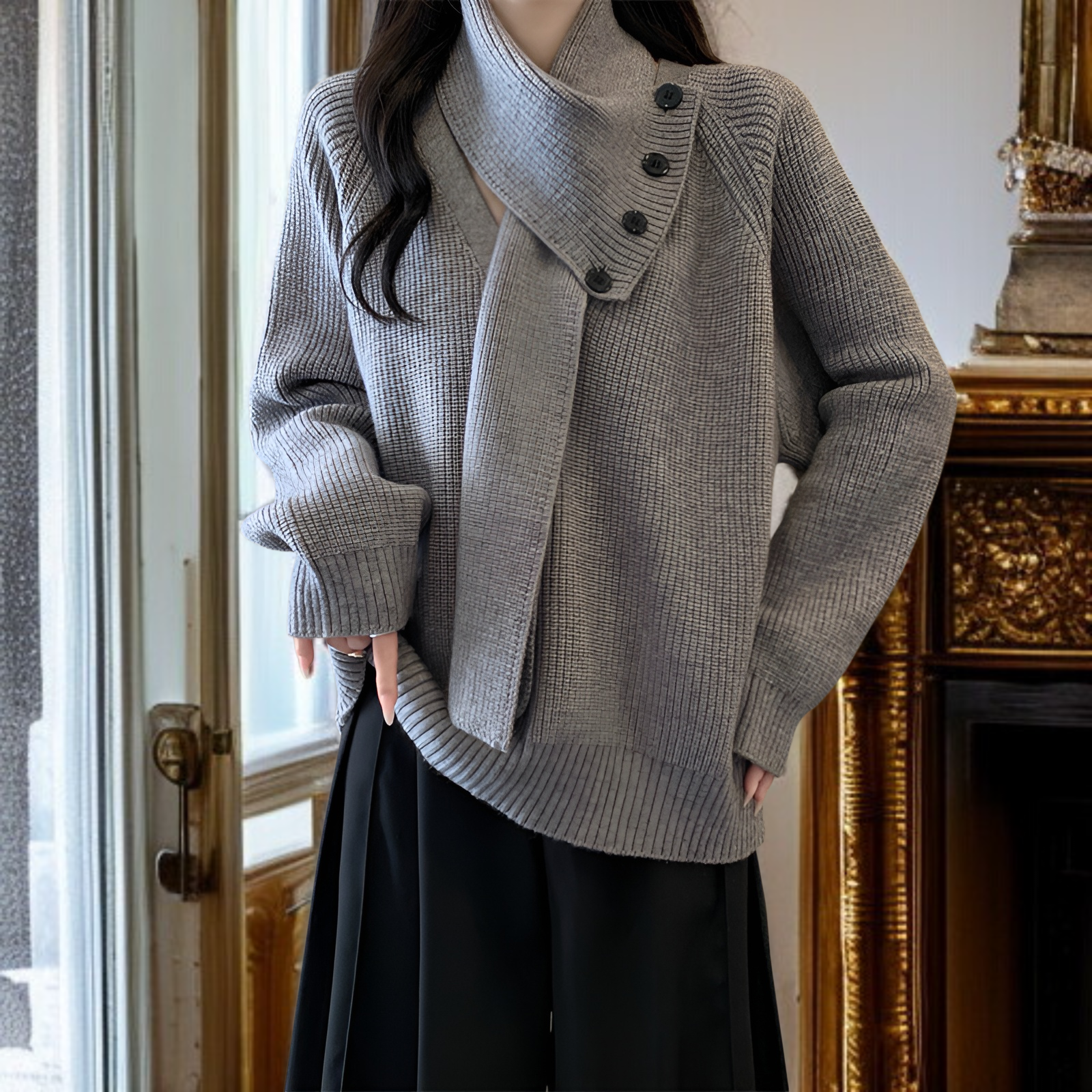 韓国風プルオーバーセーター、取り外し可能なスカーフ付き、レディース秋冬オリジナルデザインニットセーター、超美しいトップス