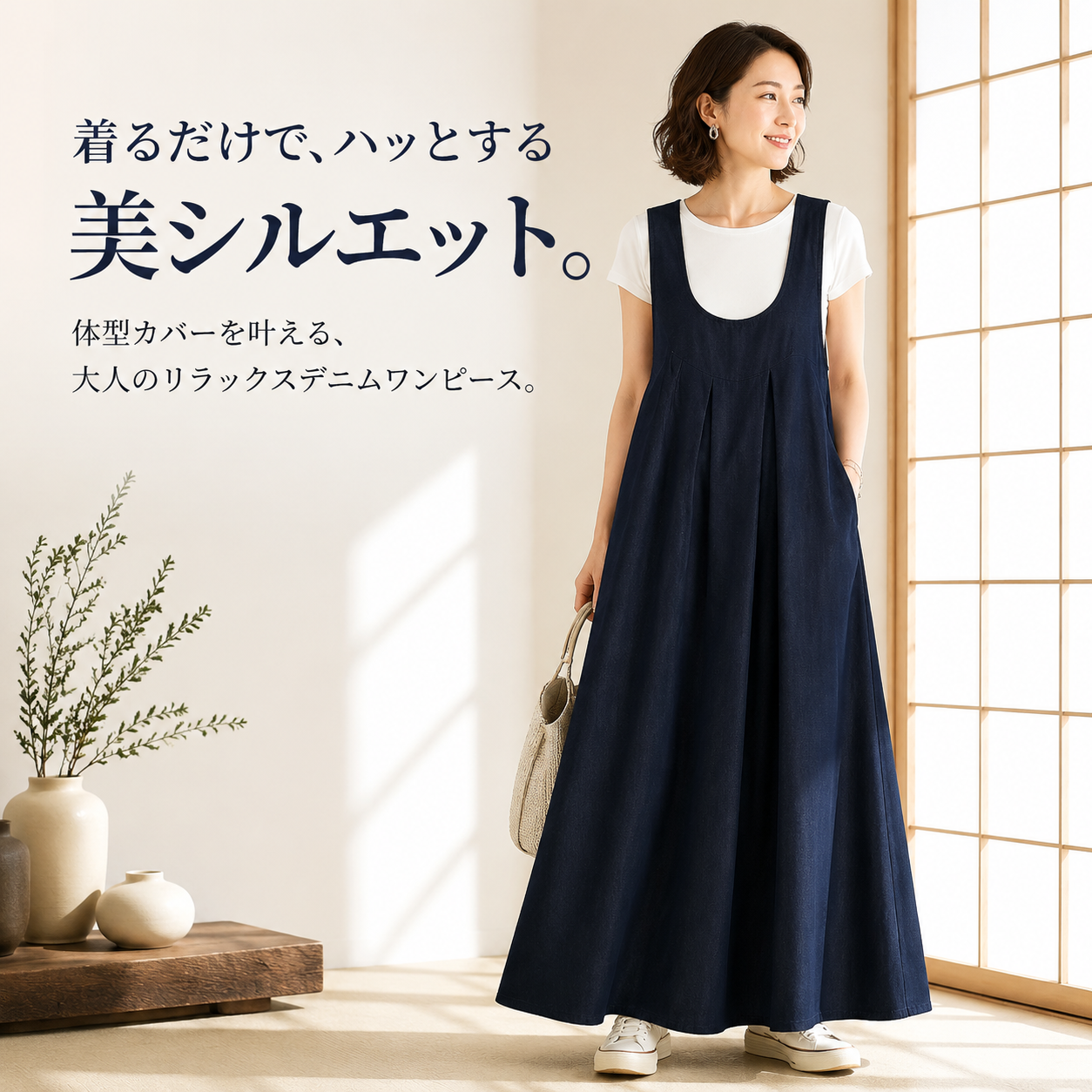 日系カジュアル万能サロペットロングスカート