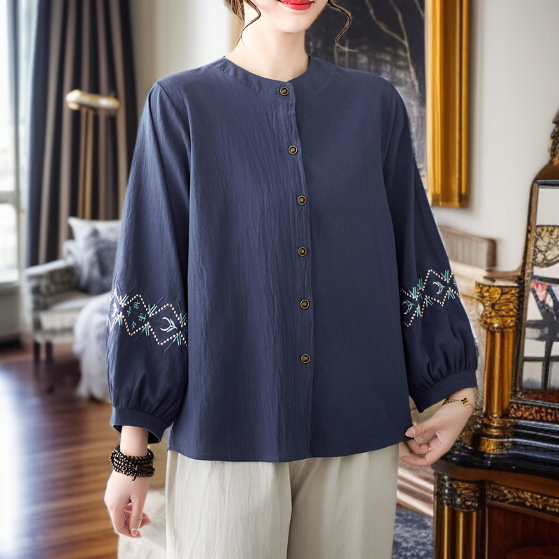 여성 자수 빈티지 긴팔 셔츠 루즈핏 빅사이즈 여성 빈티지 자수 셔츠 통풍 가을 긴팔 셔츠