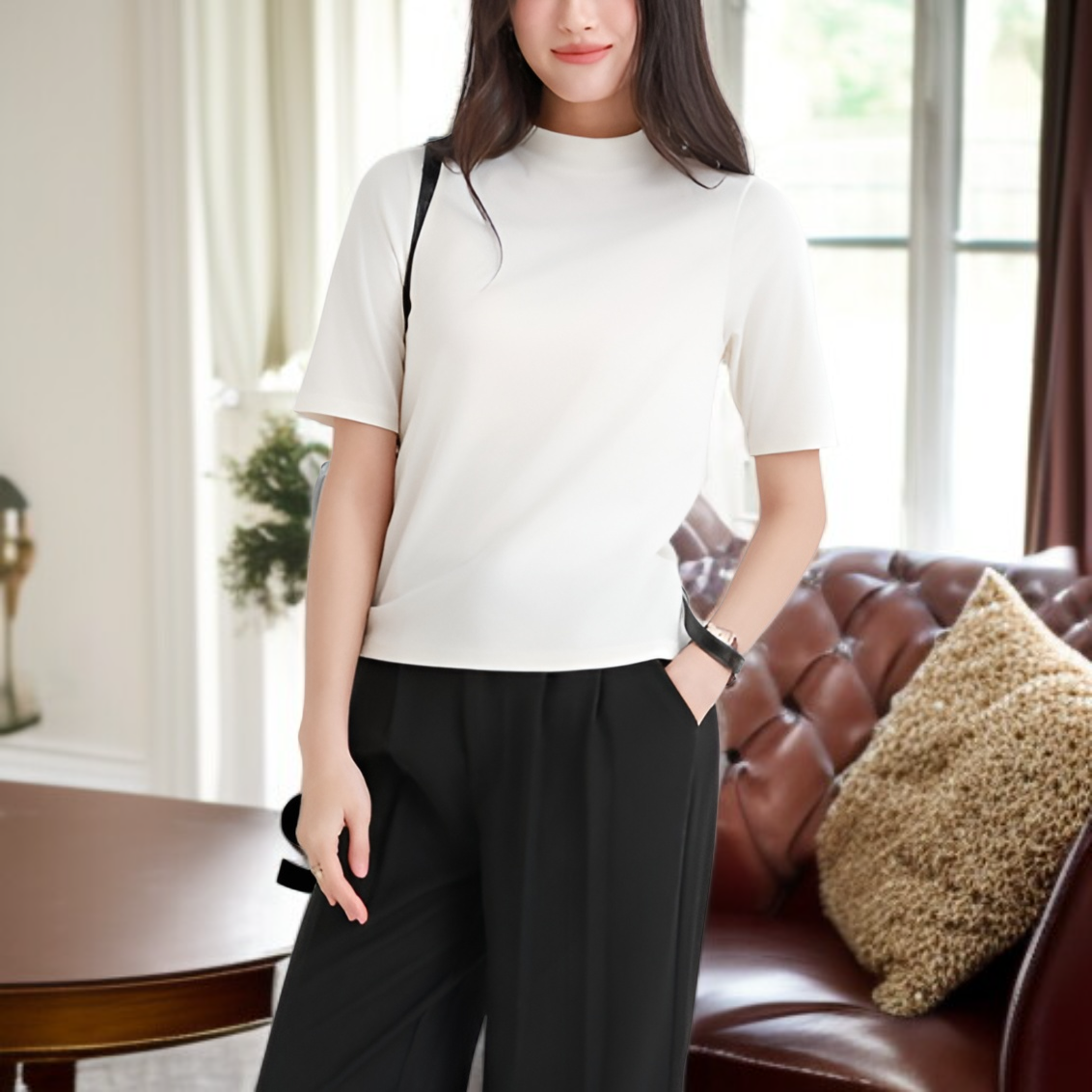 【柔らかくて優しい】2026春夏新作 五分袖スタンドカラー テンセルTシャツ 薄手ゆったり 半袖 快適 軽量 着痩せ レディース トップス プラスサイズあり