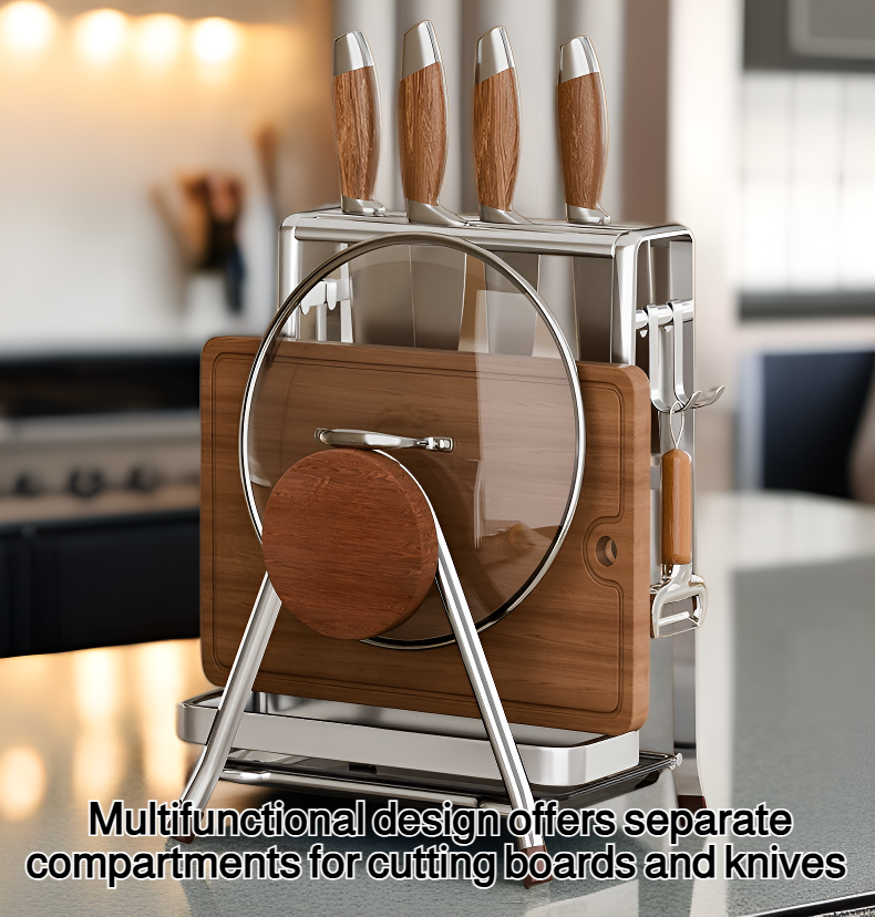 Vintage style stainless steel cutting board and knife holder on kitchen counter