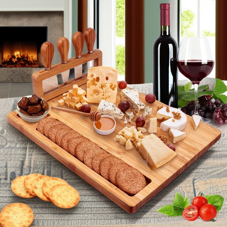 Bamboo cheese board with four-piece knife set