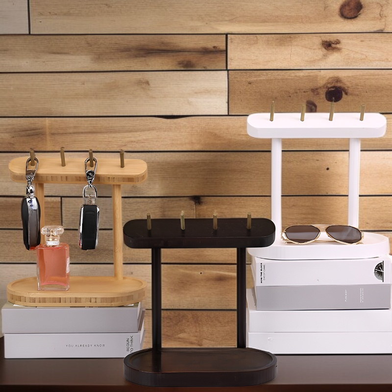 多機能木製キースタンド キーフック カードホルダー 携帯電話収納付き