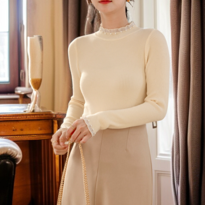 여성 블랙 루즈핏 니트 이너 반폴라 니트 레이스 이너 루즈핏 니트 풀오버 니트