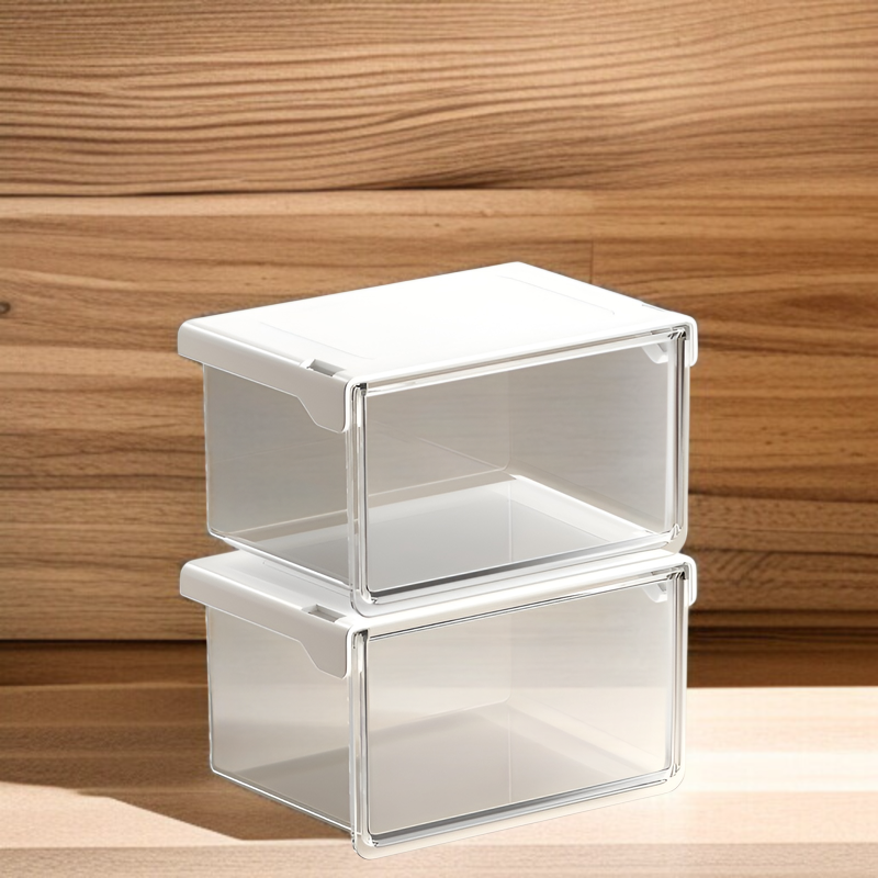 33°の傾斜角度で出し入れしやすいテーブル下収納ボックス。シンプルで透明な引き出し式で、オフィス、トイレ、洗面台、バスルームなどに最適な防水収納ボックスです。